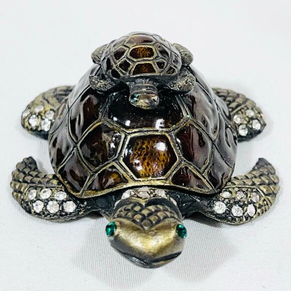 Turtle with Baby Turtle Shaped Ceramic Hinged Trinket Box Porcelain Crystals - Picture 6 of 10